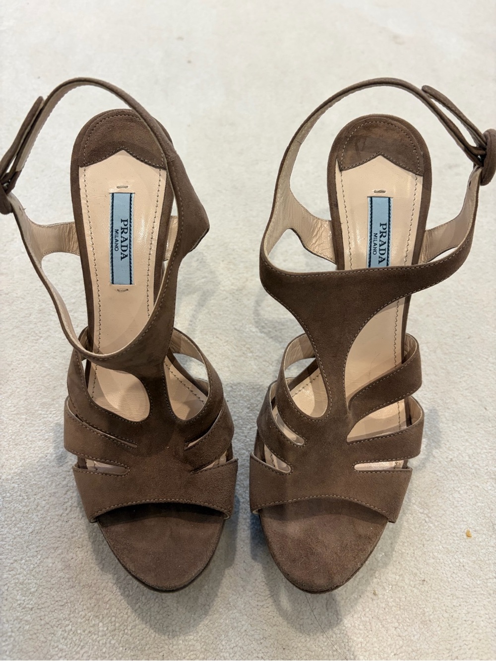 Prada Brown Suede Cutout Strap High Heels